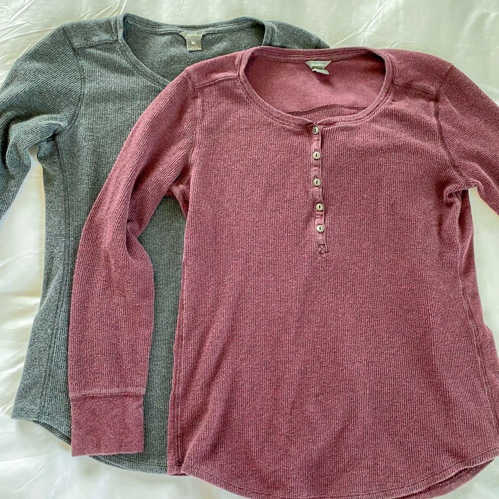 2 Eddie Bauer Waffle Knit Thermal Henley Sz L